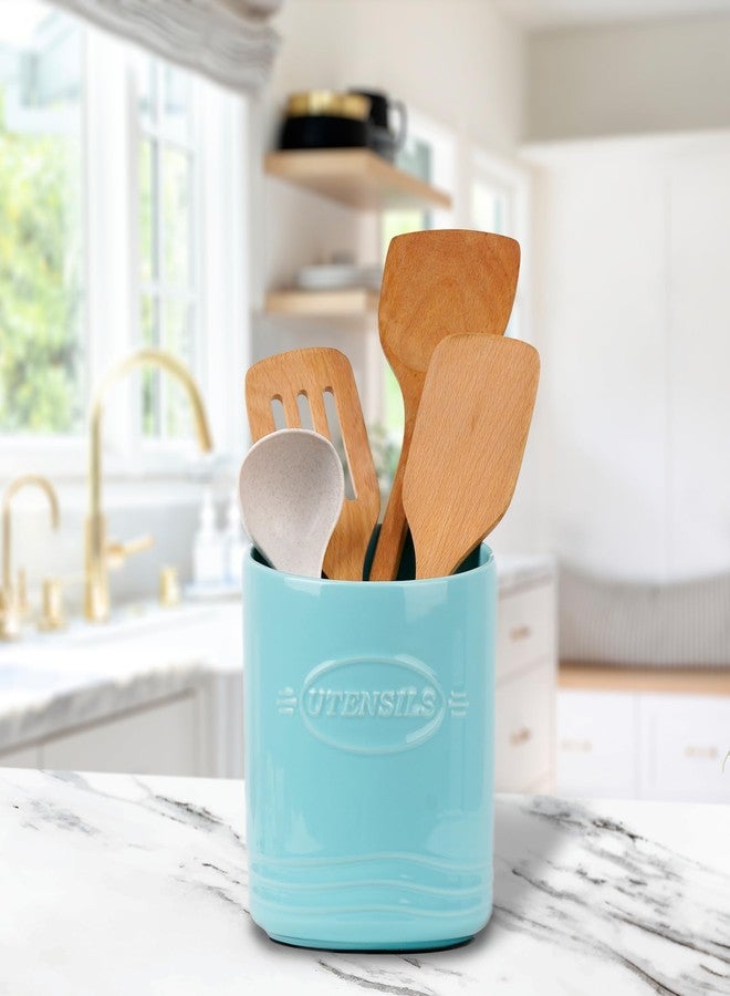 BUNCHBRAVO Ceramic Utensil Holder Enamel Finish - 7.3 x 5.9 Inches Large Round Utensil Crock, Kitchen Tools Countertop Organizer, Farmhouse Décor, Teal - Image 2